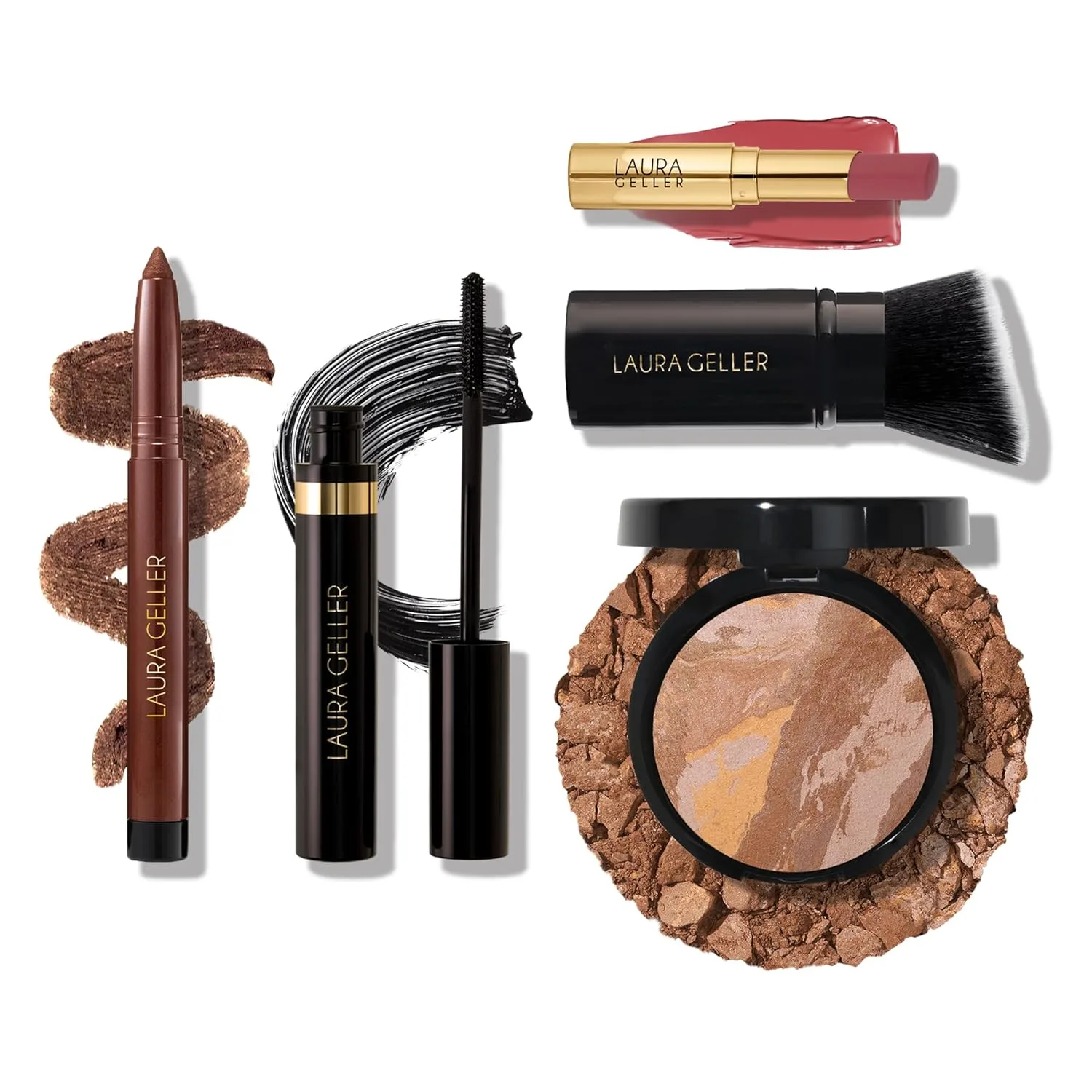 Набор Finishing Touches: тональная пудра Baked Balance-n-Brighten, Tan + кисть Airbrush Kabuki + бальзам для губ Jelly Balm, Figger Than Life + карандаш для глаз Kajal, Dark Brown + тушь Kajal Laura Geller, light, medium