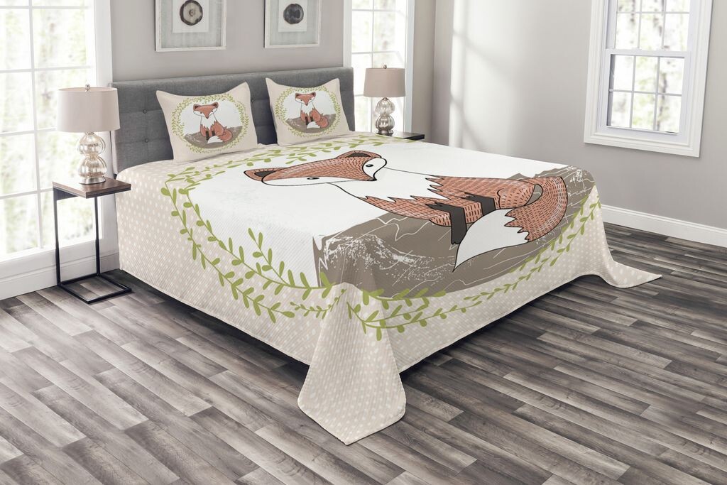 

ABAKUHAUS Комплект покрывала Fox, в горошек с лесными животными, комплект с моющимися наволочками, для односпальных кроватей 220 x 220 см, разноцветный