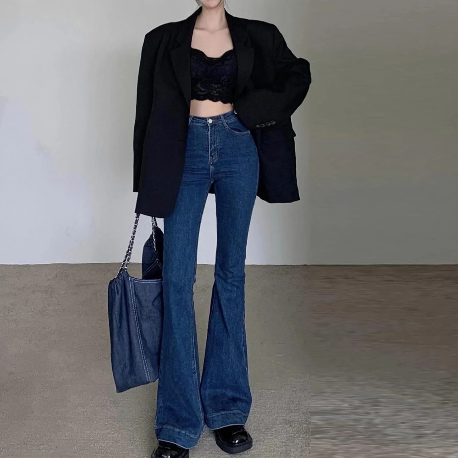 Джинсы для женщин Bell Bottom High Waisted Fitted Slight Destroyed Retro Wide Leg Oversize — фото 2