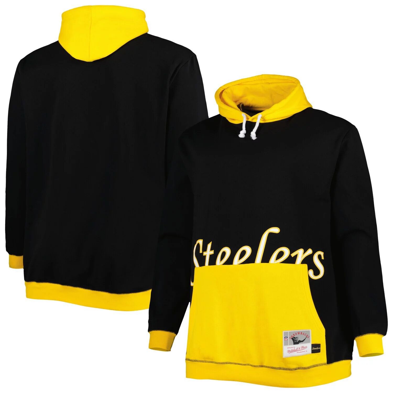 

Мужской пуловер с капюшоном Mitchell & Ness черного/золотого цвета Pittsburgh Steelers Big & Tall Big Face, Черный, Мужской пуловер с капюшоном Mitchell & Ness черного/золотого цвета Pittsburgh Steelers Big & Tall Big Face