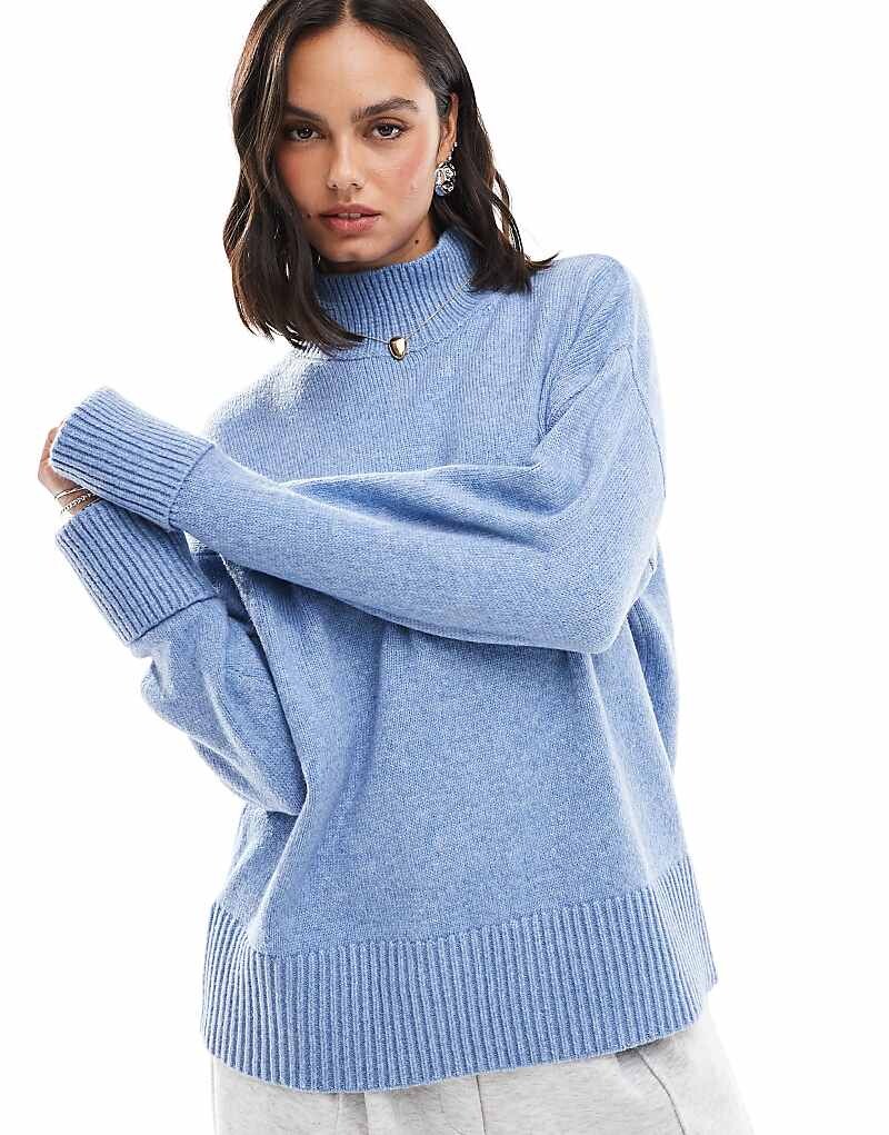 

ASOS DESIGN – синий вязаный свитер с высоким воротником и закатанными манжетами