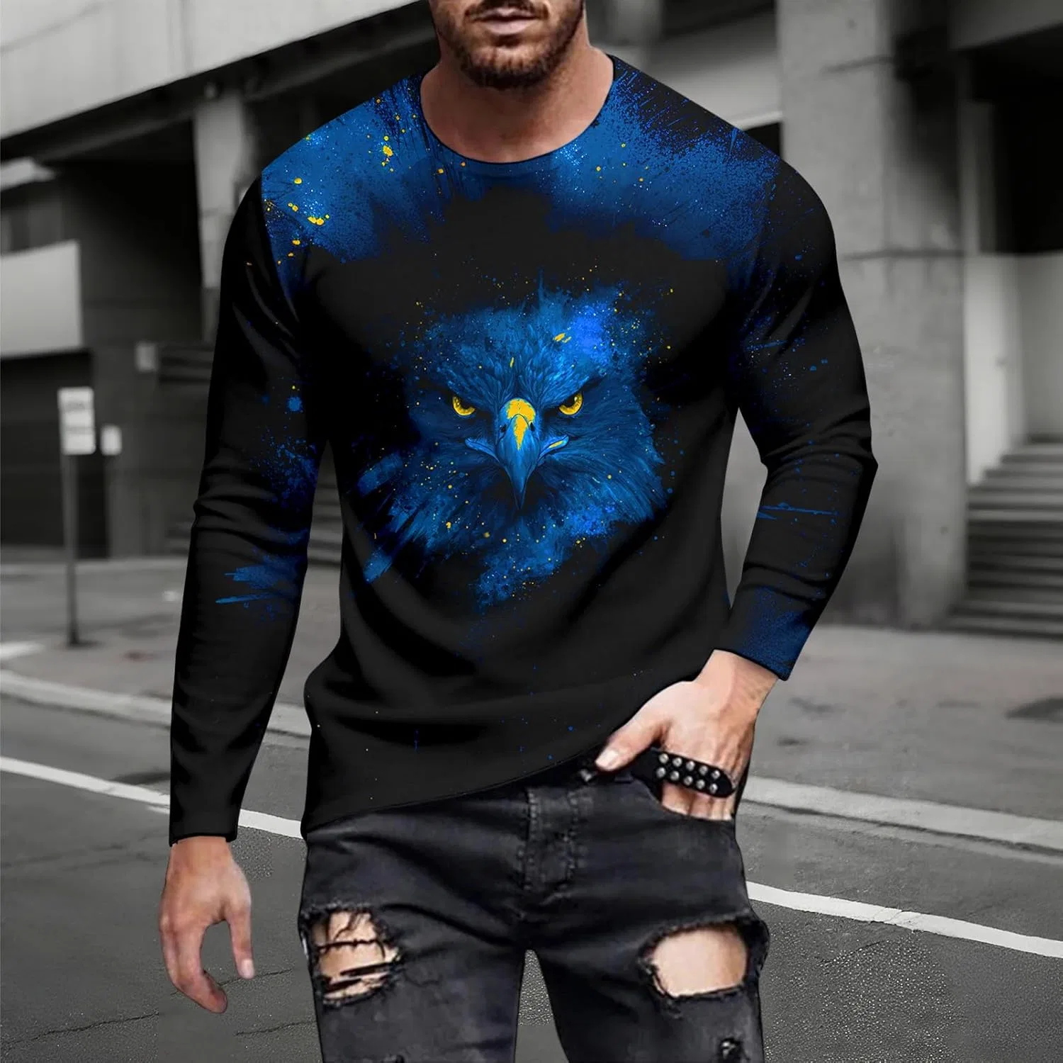 Мужская футболка с длинным рукавом - Crewneck Animal | Повседневная футболка Regular Fit, модный пуловер для ежедневной носки Generic, синий — фото 3