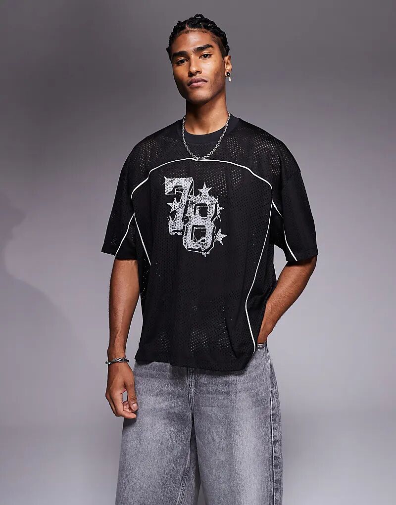 

Футболка свободного кроя ASOS DESIGN oversize с окантовкой и графическим номером из черного материала Airtex