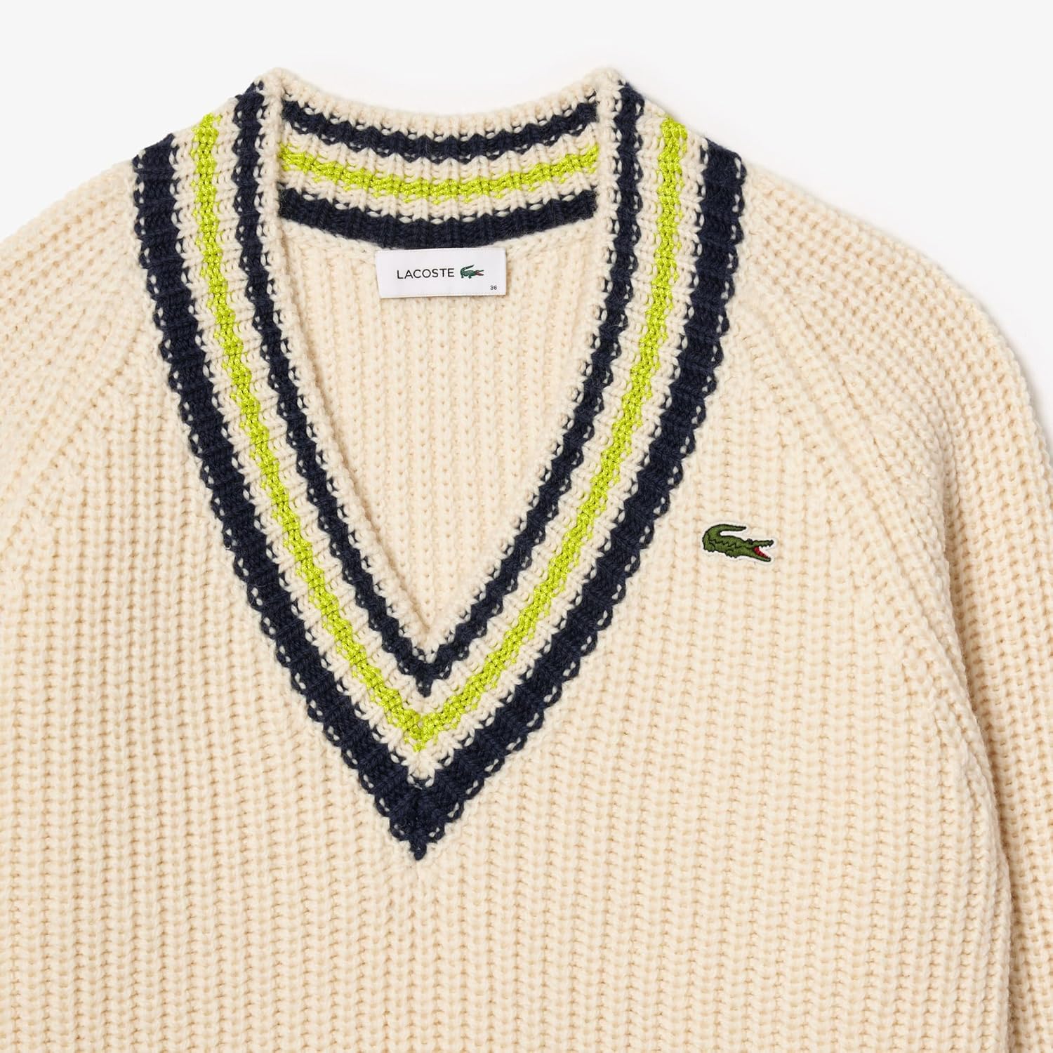 Свитер Lacoste женский V-образный вырез, Cream/Lime And Navy Stripe — фото 2