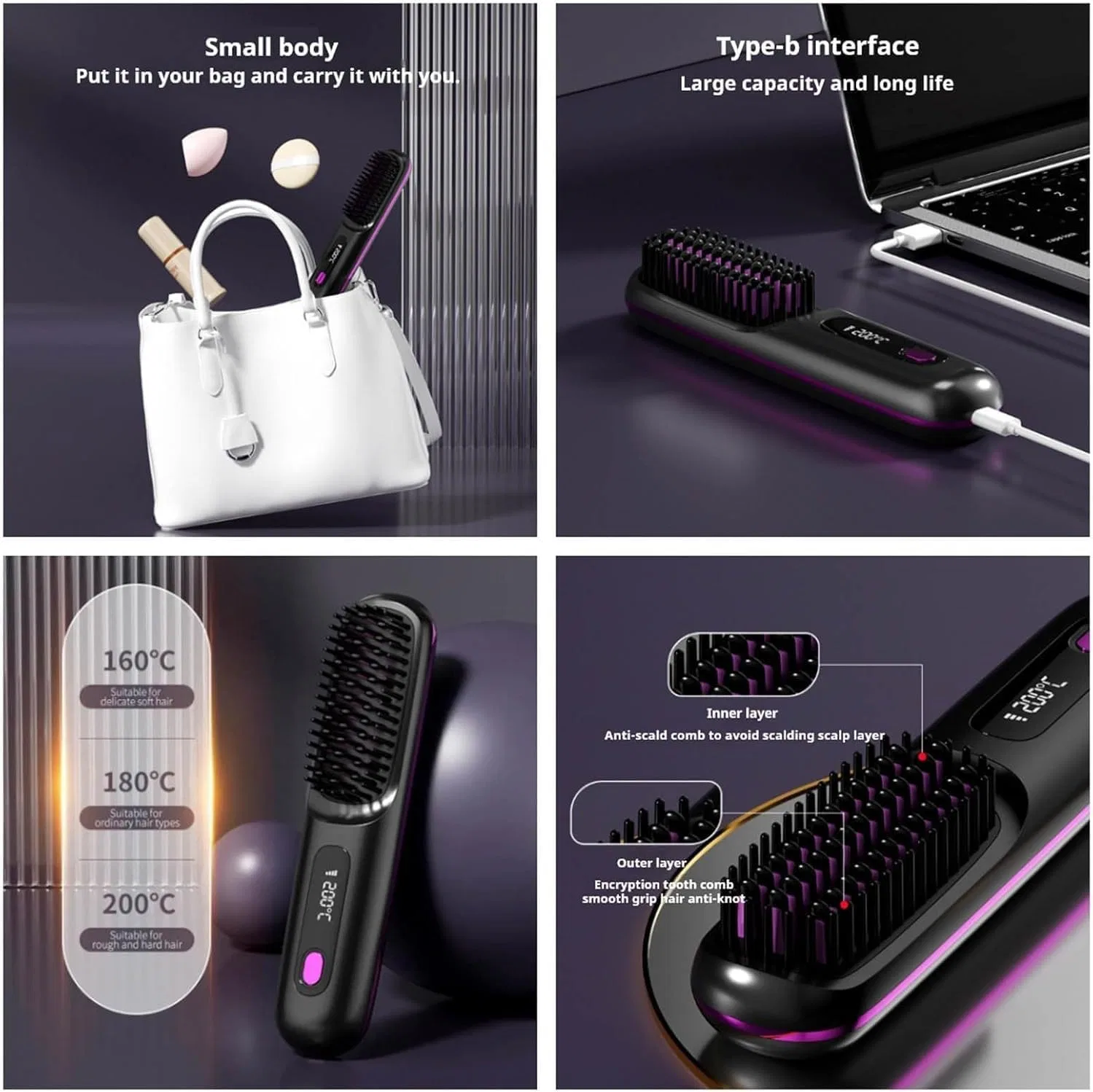 Беспроводная расческа-выпрямитель «Go Brush Pro» для коротких волос Ziswin, Black — фото 4