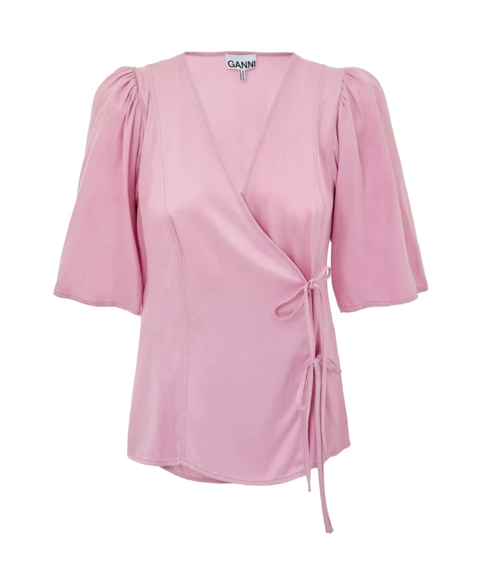 

Розовый атласный топ с перекрестными лямками спереди. Ganni, розовый