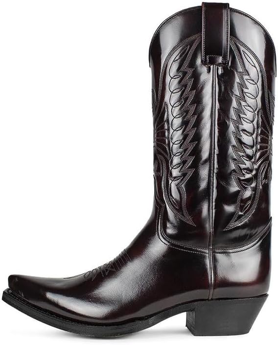 

XBTEVUDAK Мужские ковбойские сапоги, заостренный носок, винтажный квадратный носок, массивный каблук, средние по голени кожаные вестерн-сапоги, темно-коричневый