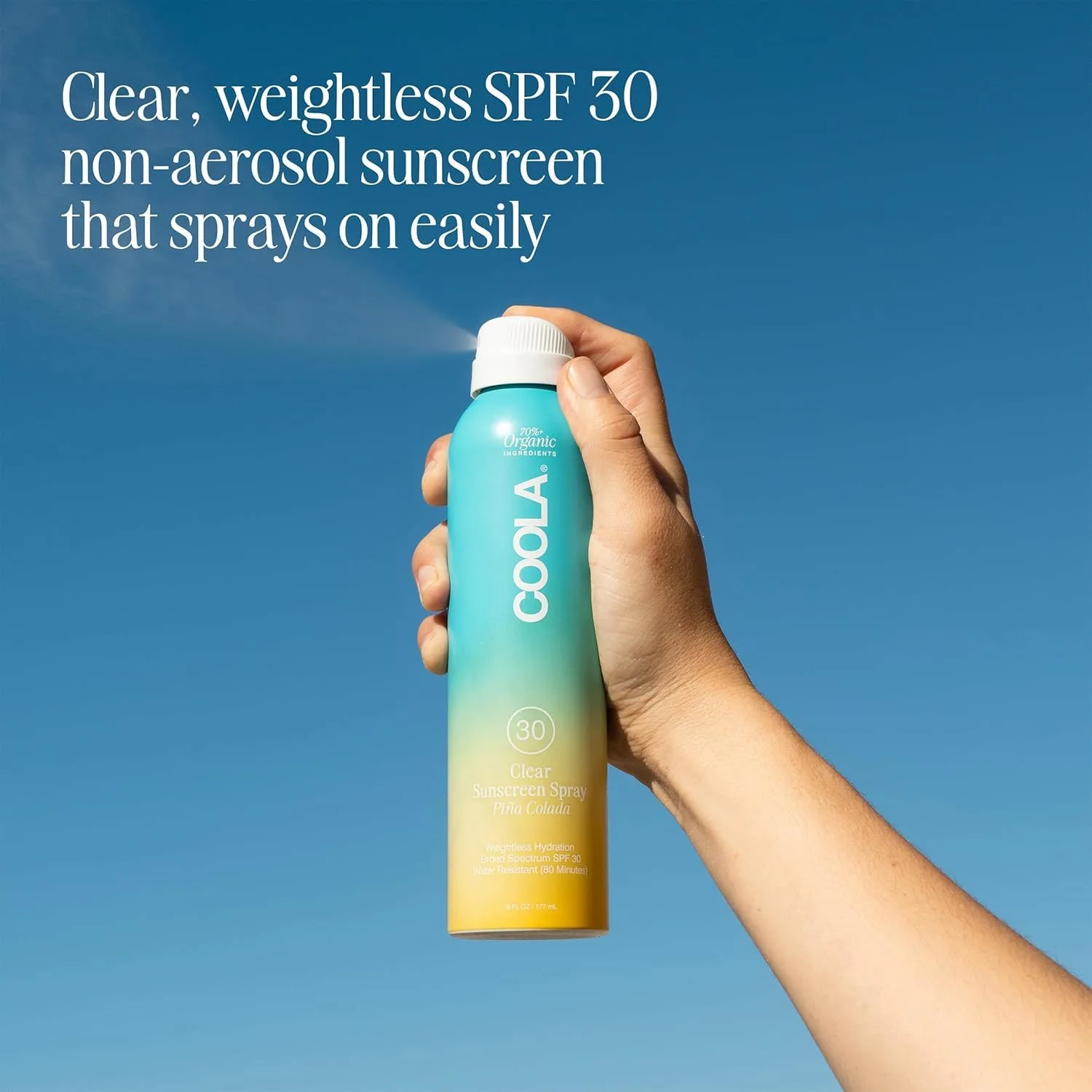 Солнцезащитный спрей COOLA Organic Sunscreen SPF 30, протестирован дерматологами, обеспечивает ежедневную защиту кожи, подходит для веганов и не содержит глютена, вкус «Пина Колада»., 6 Fl. Oz. — фото 2