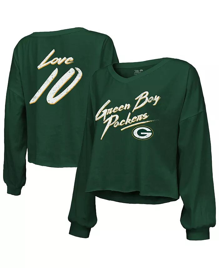 

Женская футболка Jordan Love Green Green Bay Packers с именем, номером, открытыми плечами, укороченная, с длинным рукавом и V-образным вырезом Majestic