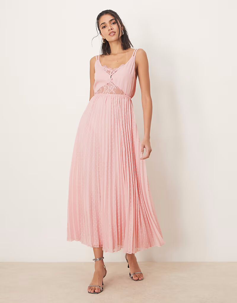 

Платье миди ASOS DESIGN с двухслойной кружевной вставкой и складками, светло-розового цвета