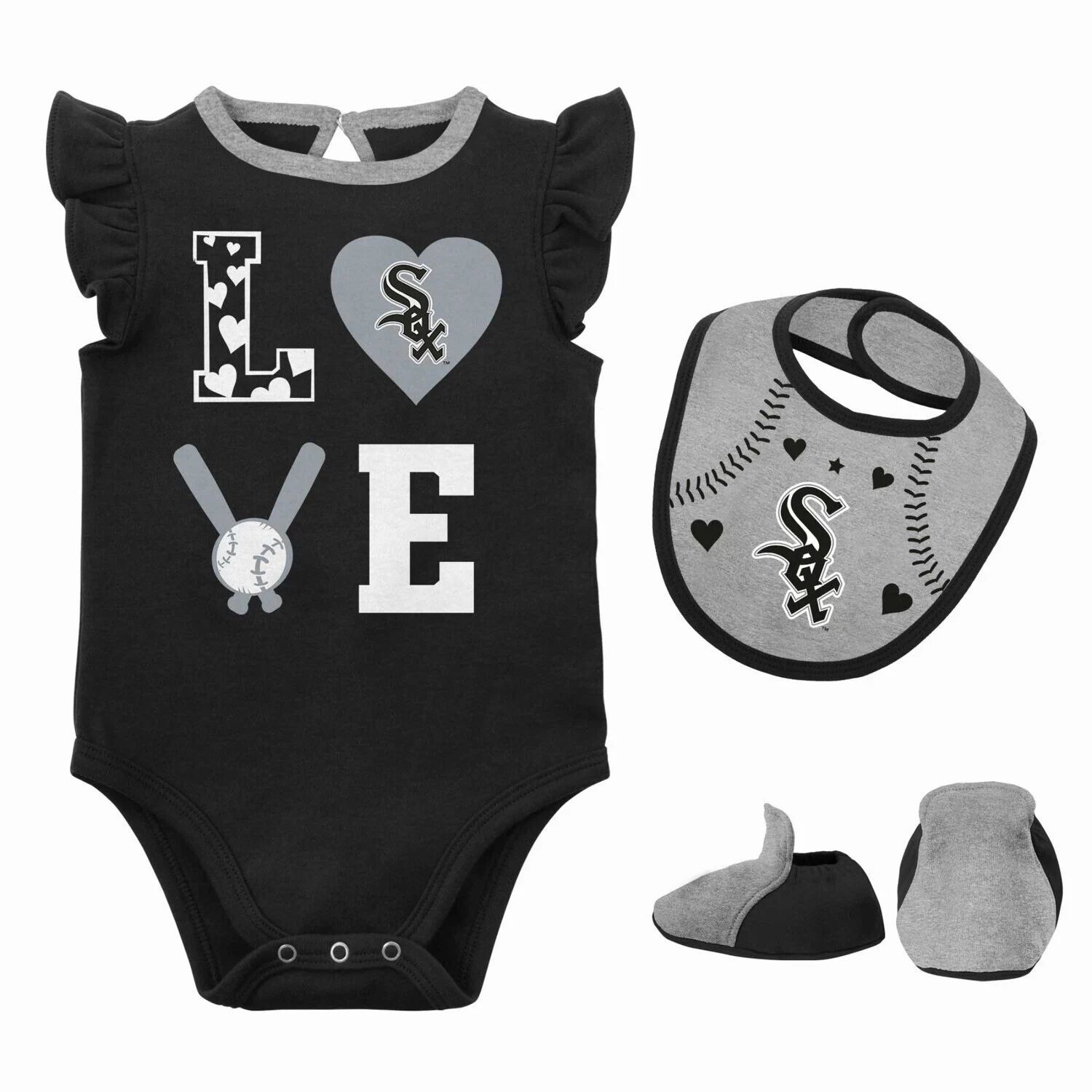 Комплект из трех предметов с нагрудником Love of Baseball, боди и пинетки Chicago White Sox для новорожденных и младенцев, черный/серый Хизер, боди и пинетки Outerstuff — фото 3