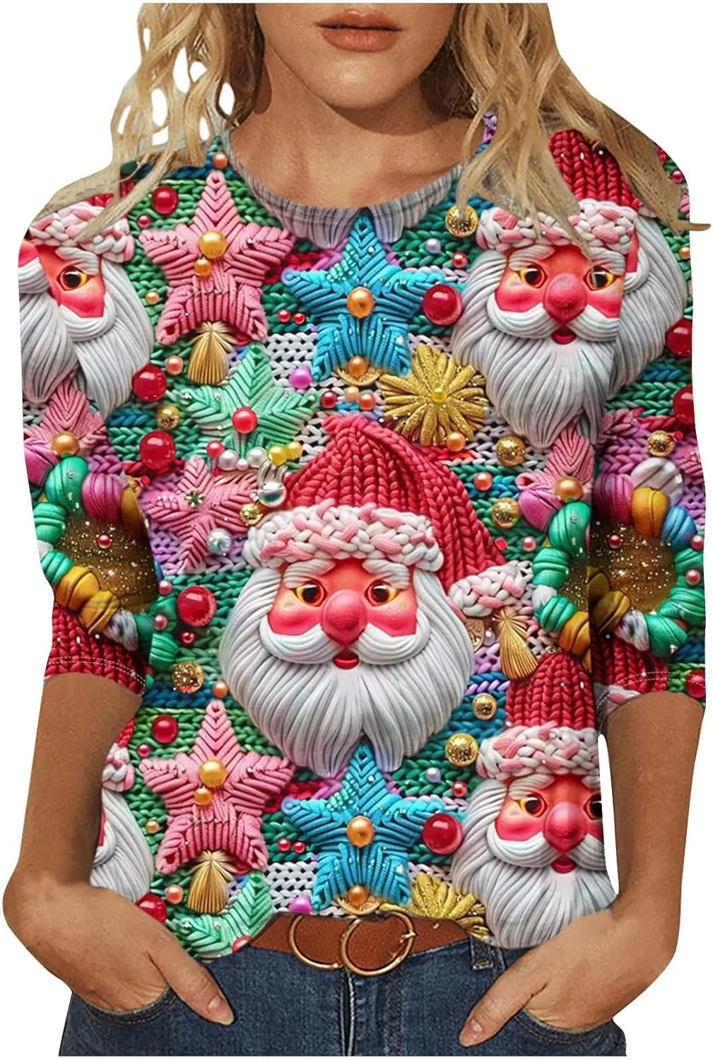 

Свитшот Ugly Christmas для женщин с принтом елки и Санта Клауса, 3/4 рукава