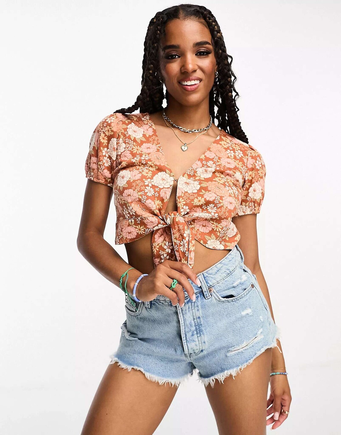 

Оранжевая льняная блузка с короткими рукавами и завязкой спереди Hollster Hollister
