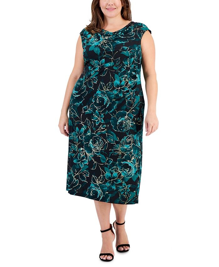 

Платье-миди больших размеров с цветочным принтом и хомутом Connected, зеленый