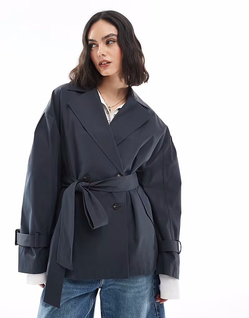 

Короткий тренчкот с поясом ASOS DESIGN темно-синего цвета