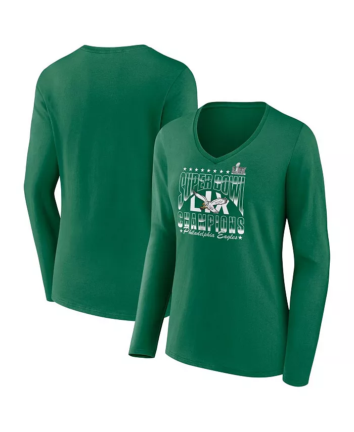 

Женская футболка Келли Грин Филадельфия Иглз Супербоул LIX Чемпионы ретро-логотип с длинным рукавом и V-образным вырезом Fanatics