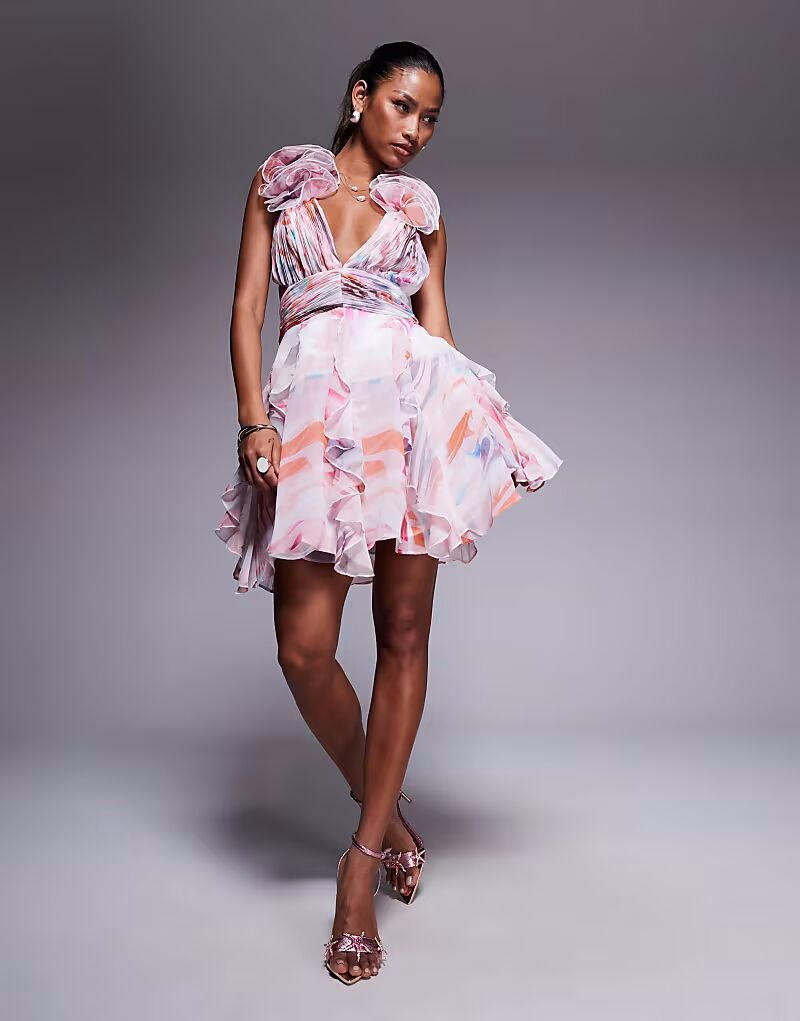 

Мини-платье-кофточка ASOS LUXE из органзы с оборками и акварельным принтом