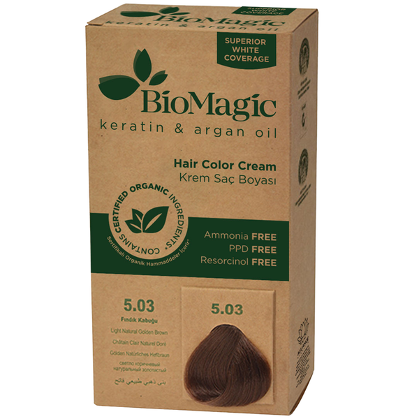 

Краска для волос светло-золотисто-коричневый 5.03, 250 г Biomagic Keratin&Argan oil, цвет jasny złoty brąz 5.03