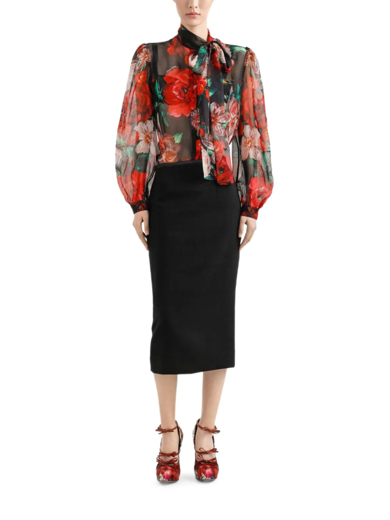 Шифоновая блузка с принтом роз Dolce & Gabbana, черный — фото 2