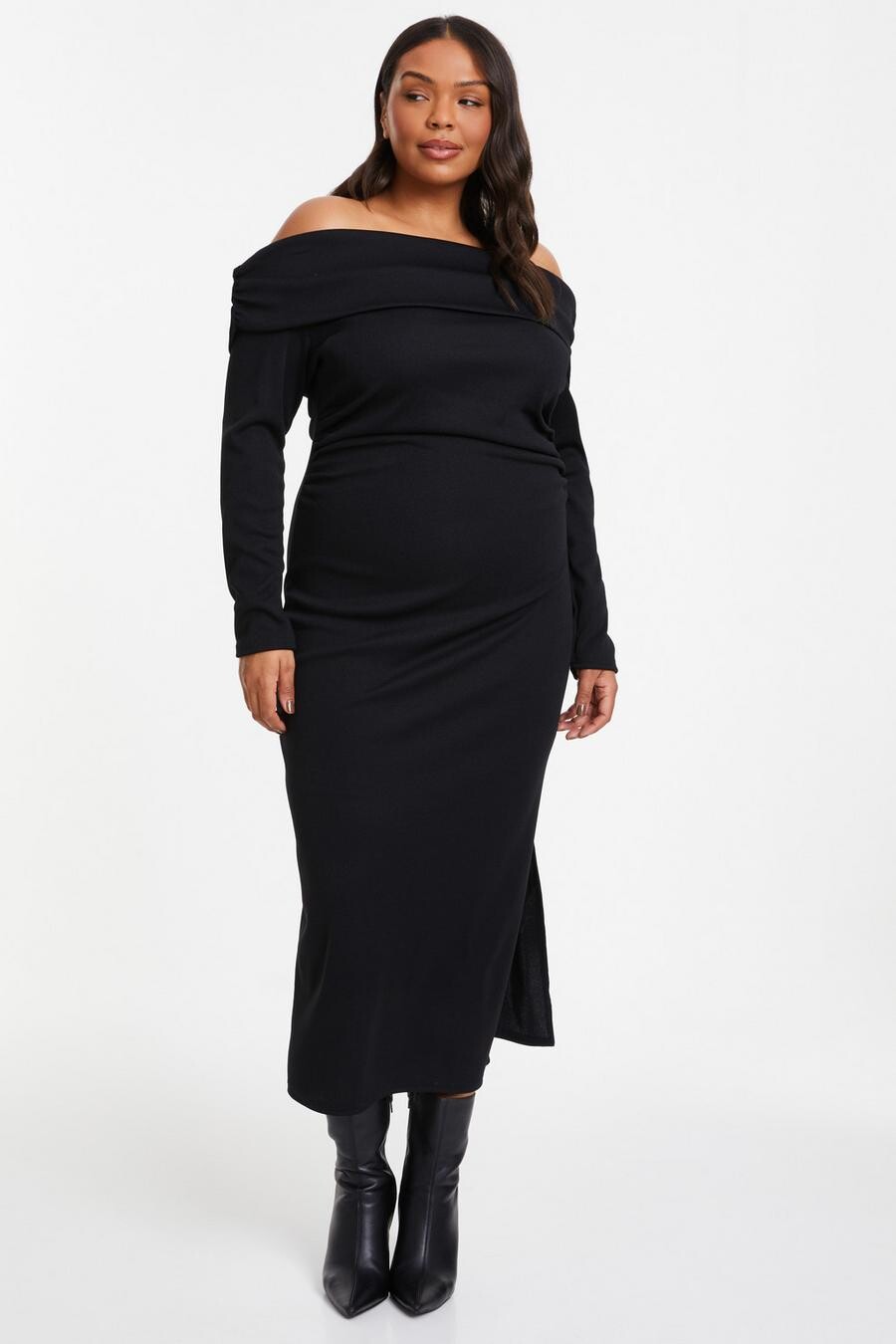 

Черное облегающее платье-миди Curve с ребристым вырезом Bardot QUIZ Clothing