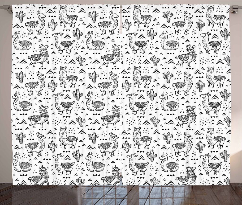 

ABAKUHAUS Lama Rustic Curtain, Doodle Alpaca Design, универсальные ленточные шторы для гостиной с петлями и крючками, 280 x 260 см, белый черный