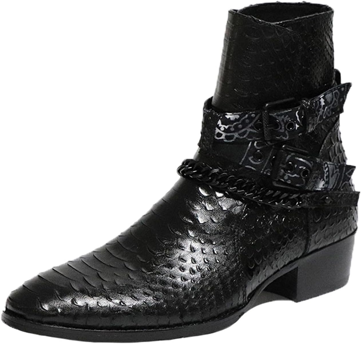 

Мужские ботинки Santimon из кожи верхнего слоя, повседневные и нарядные, в стиле рок-звезды, с заостренным носком, цепочкой на щиколотке, челси вестерн с двойной пряжкой для концертов, сцены, вечеринок и ночных прогулок, черный