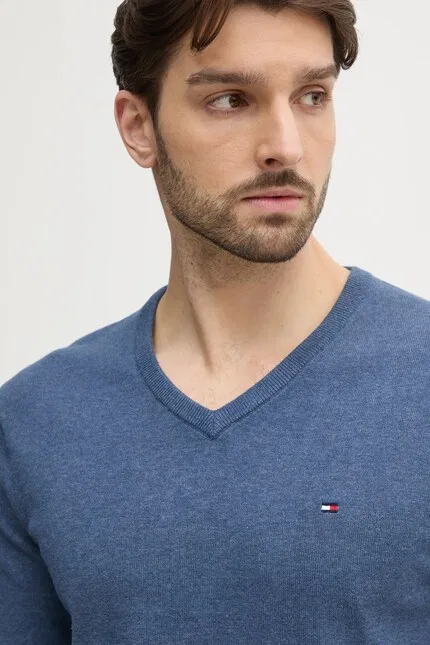 Свитер с V-образным вырезом модель из 100% хлопка Tommy Hilfiger, синий — фото 4