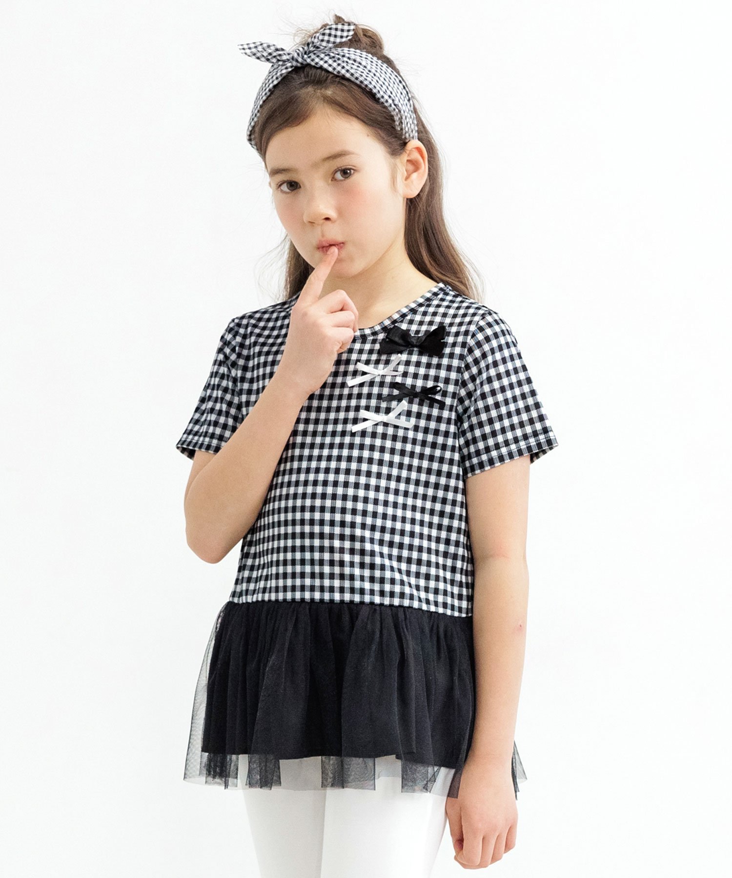 Топ из тюля с ленточными акцентами, детская одежда для девочек, Bee Bee, Tops: Black gingham