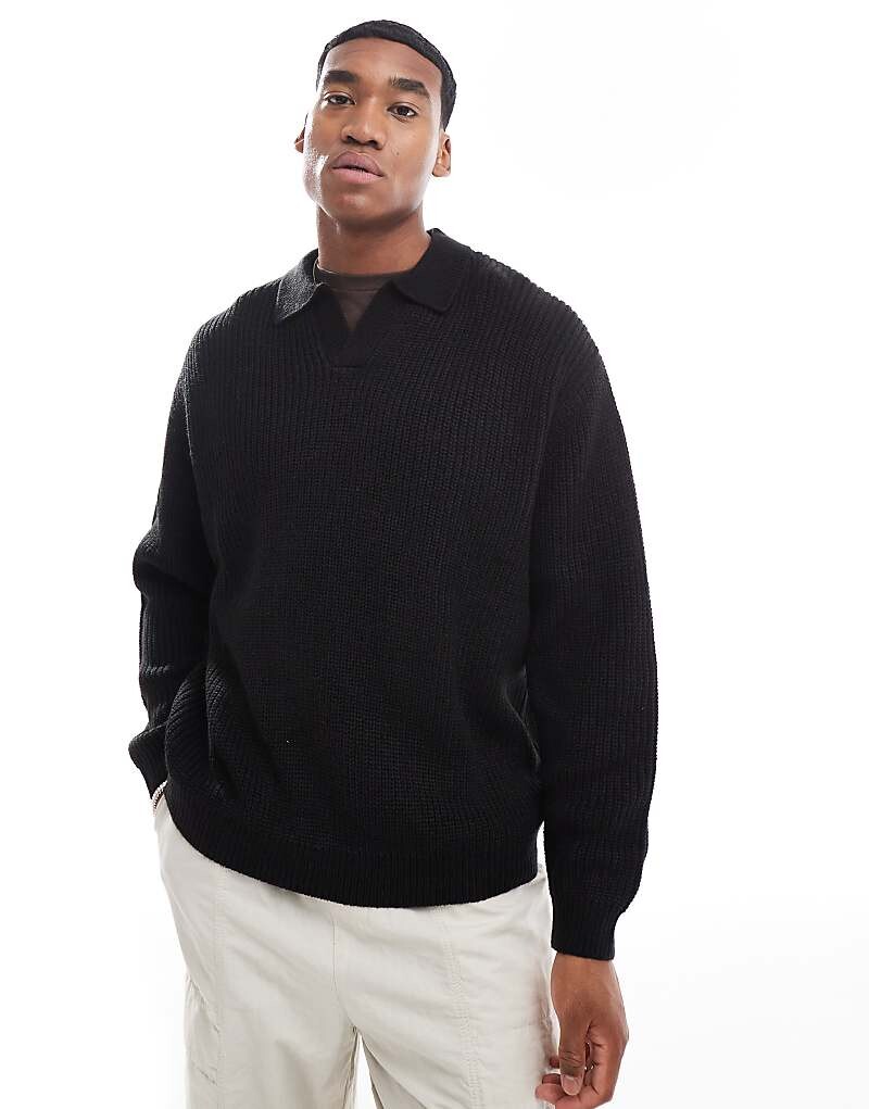

Черный вязаный свитер в рубчик оверсайз с вырезом на горловине ASOS DESIGN