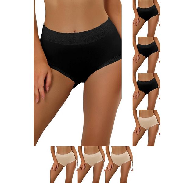 

8 пар женских хлопковых трусиков с высокой талией, кружевной отделкой, эффектом контроля живота и полным покрытием Inspire Chic, Black Beige