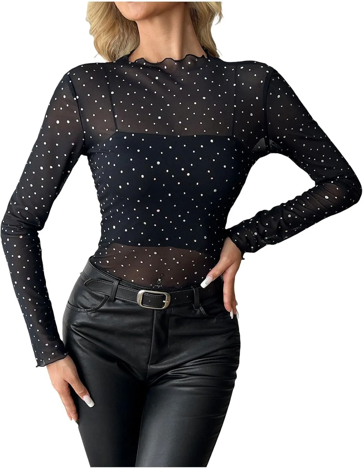 

Женская блузка с длинными рукавами, кружевная, сетчатая, с блестками Xiaojmake