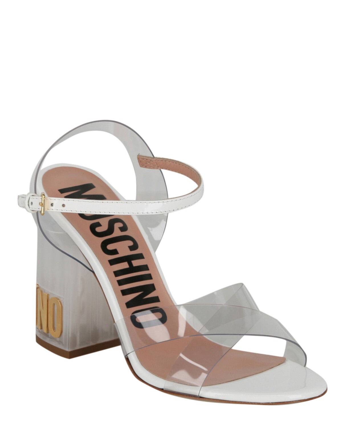

Прозрачные босоножки на каблуке с логотипом Moschino, цвет Transparent White