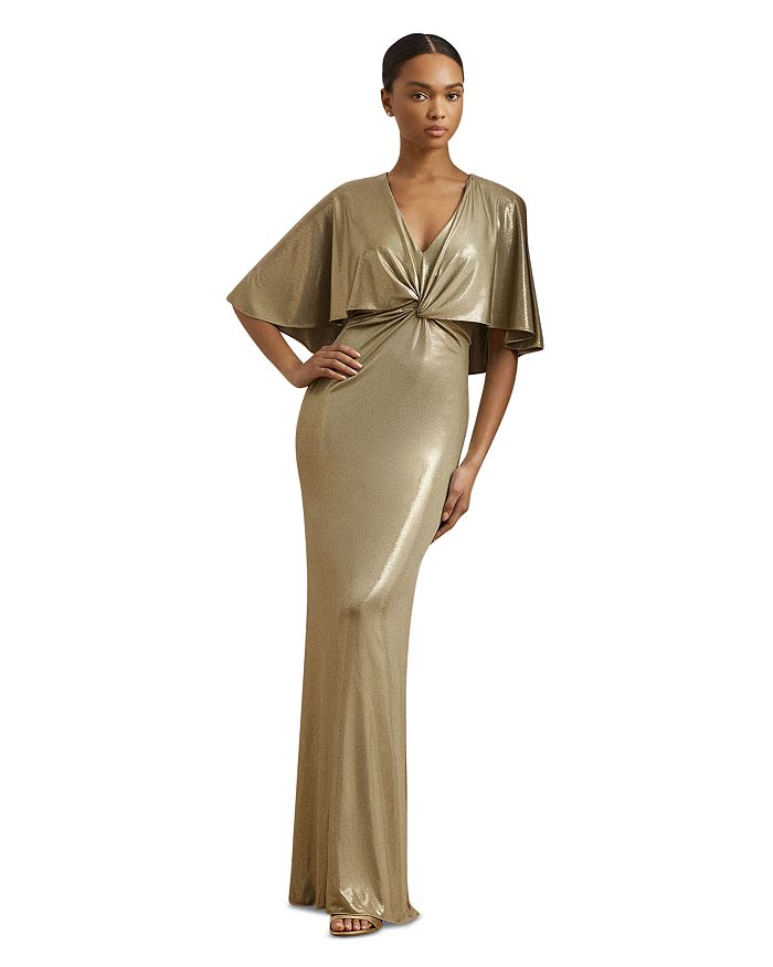 

Металлизированное платье-накидка с перекрученным передом Jersey Twist Front Cape Gown Ralph Lauren, золотой