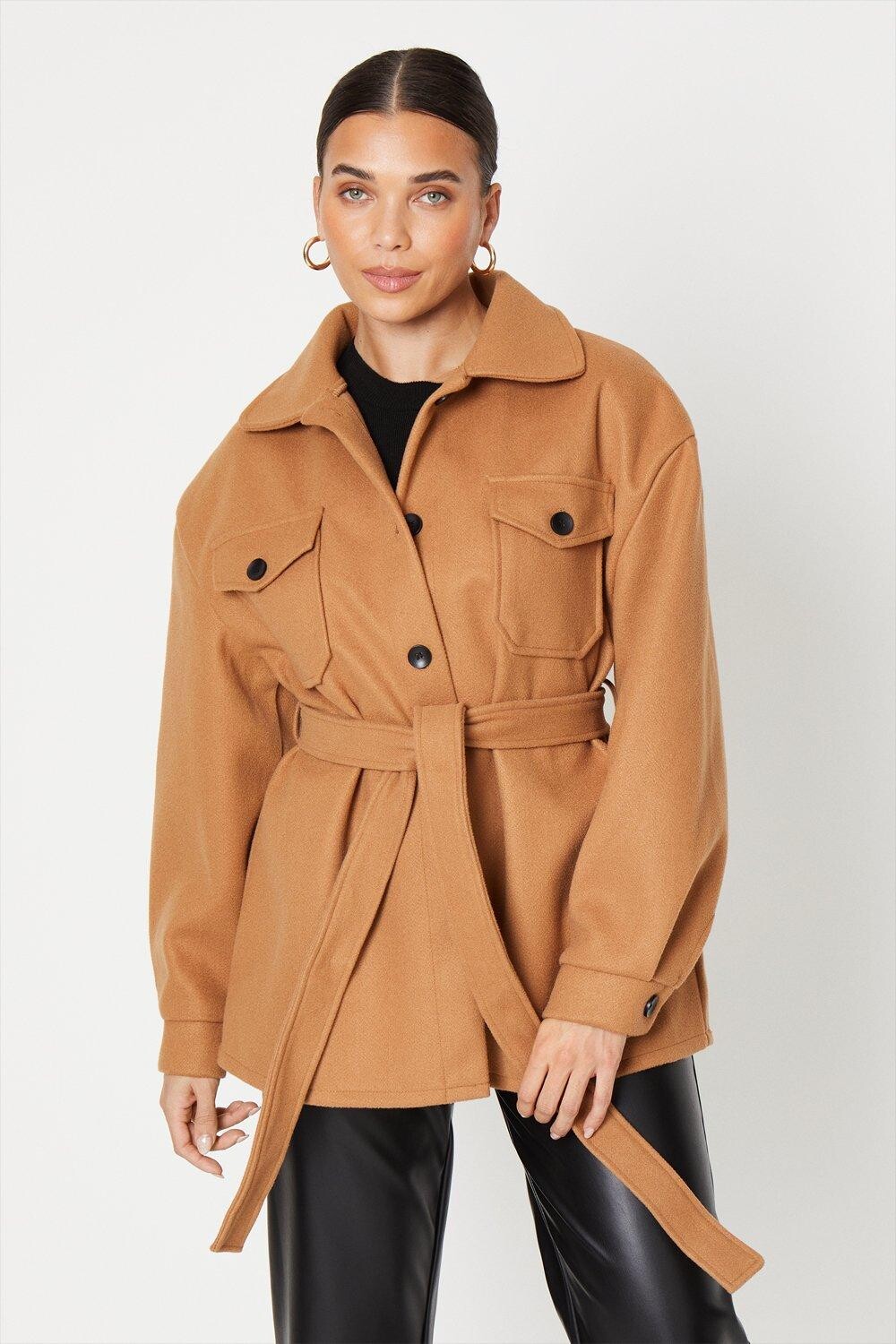 

Миниатюрная шерстяная куртка с завязкой на талии Dorothy Perkins, бежевый