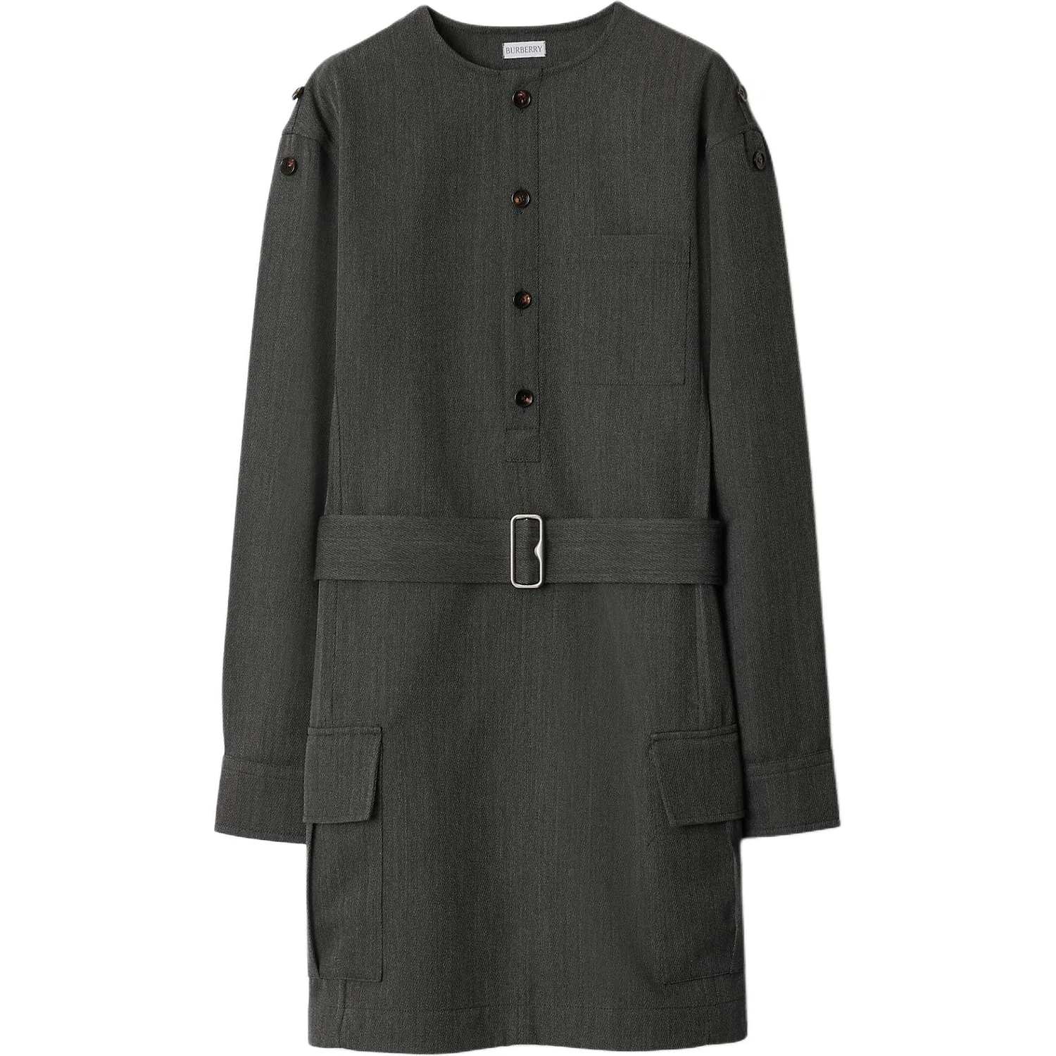 Платье Burberry с длинным рукавом, шерстяное, рифленое, серо-черное