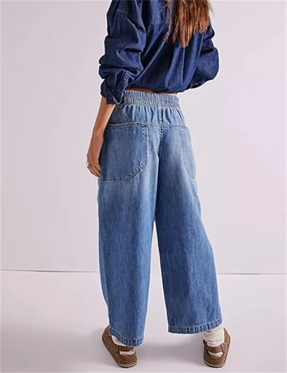 Джинсы свободные, Women's Drawstring Mid Waisted Wide Leg Jeans, Dark Blue — фото 3