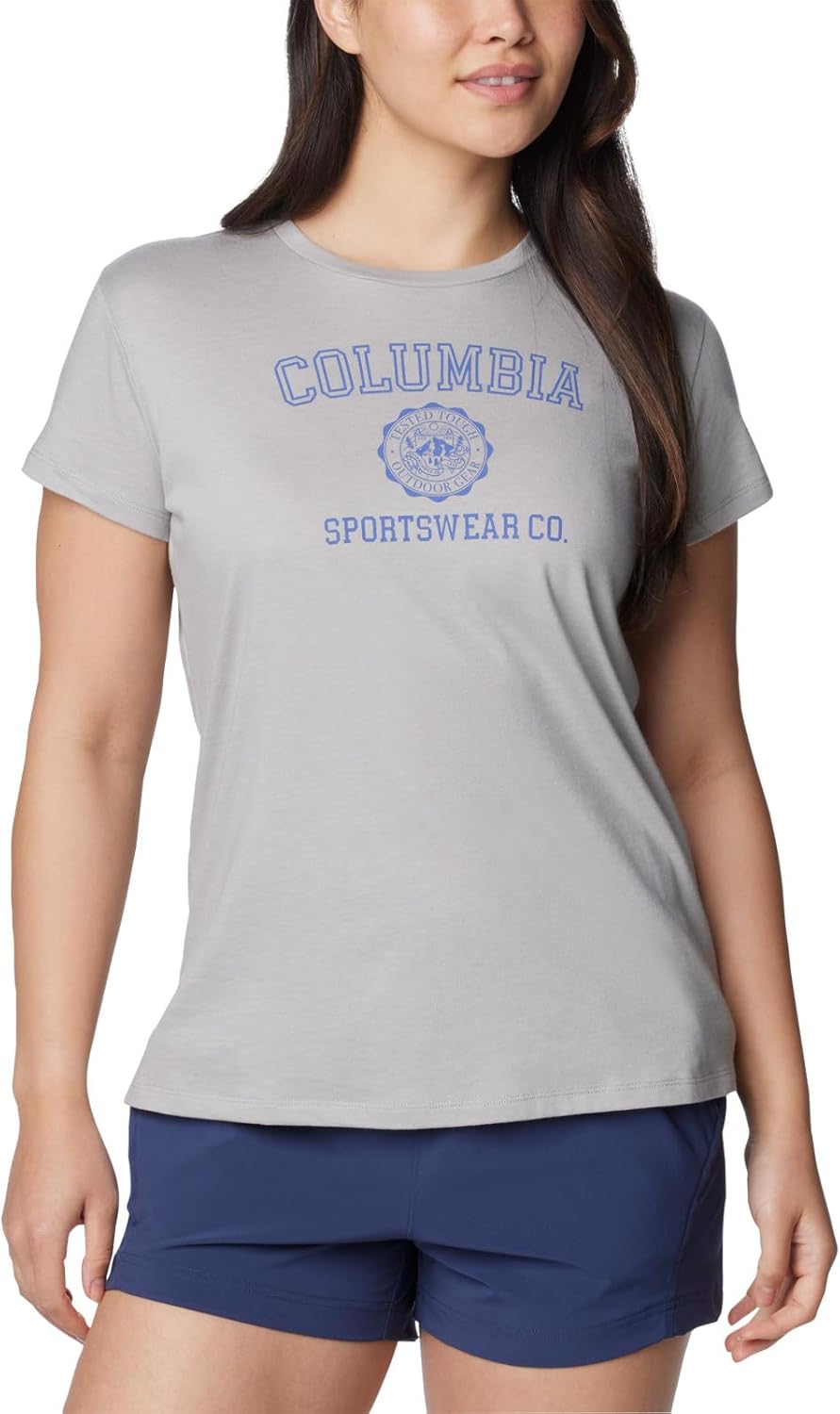

Женская футболка Columbia Trek с коротким рукавом и графическим принтом, Columbia Grey Heather/Csc Emblem, Серый, Женская футболка Columbia Trek с коротким рукавом и графическим принтом, Columbia Grey Heather/Csc Emblem