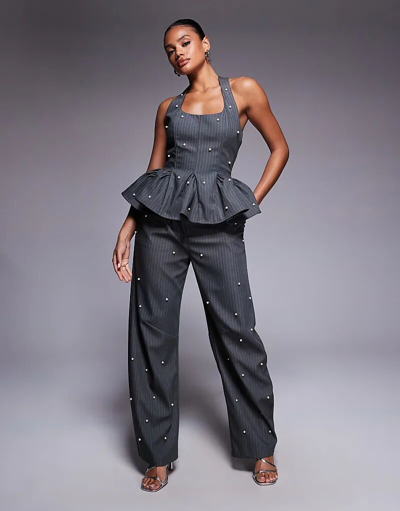 

Брюки-бочонки ASOS LUXE от Coord с жемчугом в серую тонкую полоску