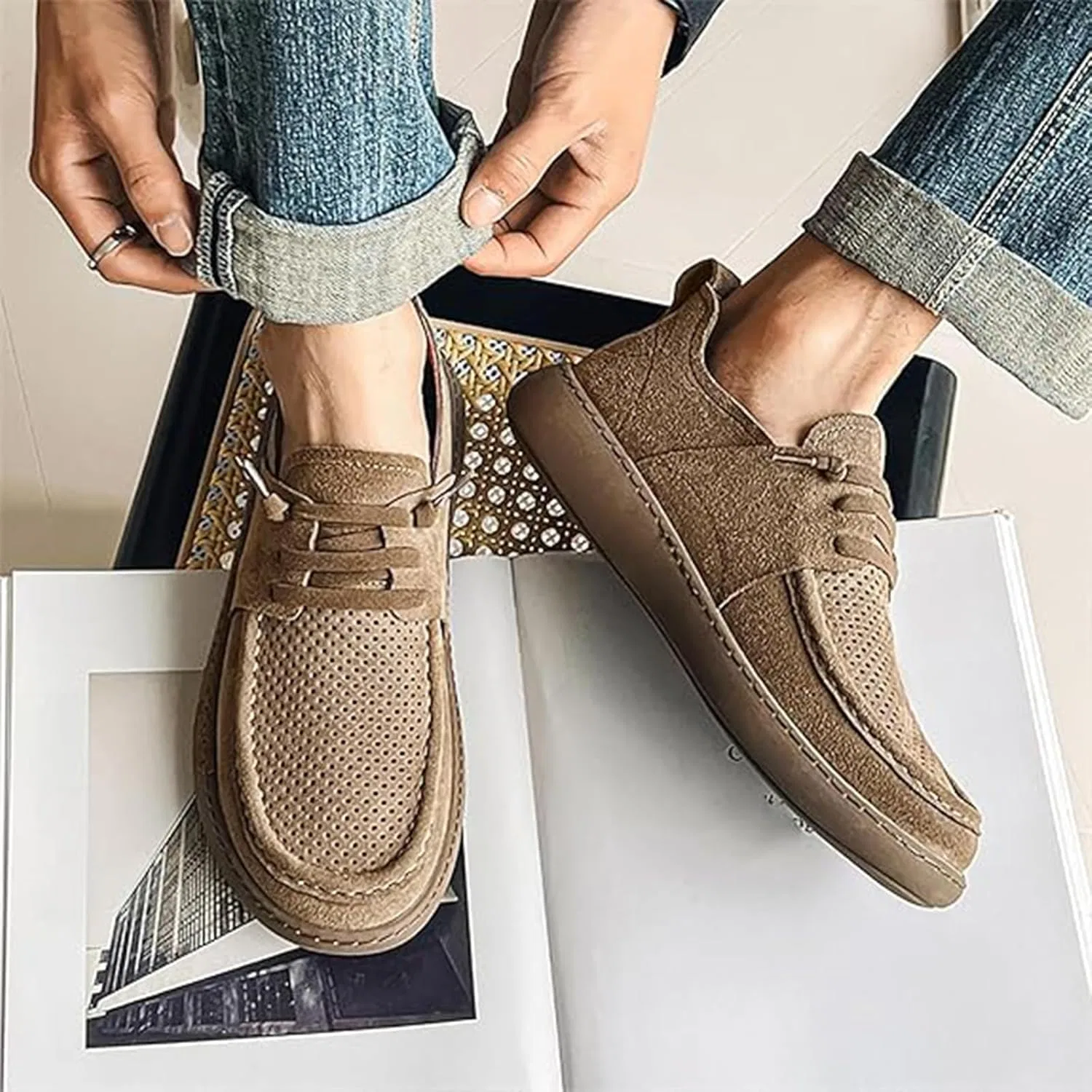 Лоферы кожаные шнурованные Men's Casual Slip-On Loafers Handmade Leather Lace-Up Lightweight Comfortable Soft Sole Walking Shoes, серый Xinduoyu — фото 4