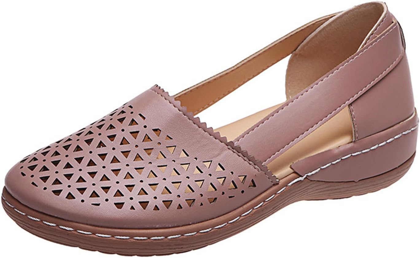 

Женские сандалии с закрытым носком, праздничные, с вырезами, на платформе и танкетке, с поддержкой свода стопы, ортопедические, винтажные кожаные летние пляжные сандалии, без застежки, с круглым носком Wabkderpu, розовый