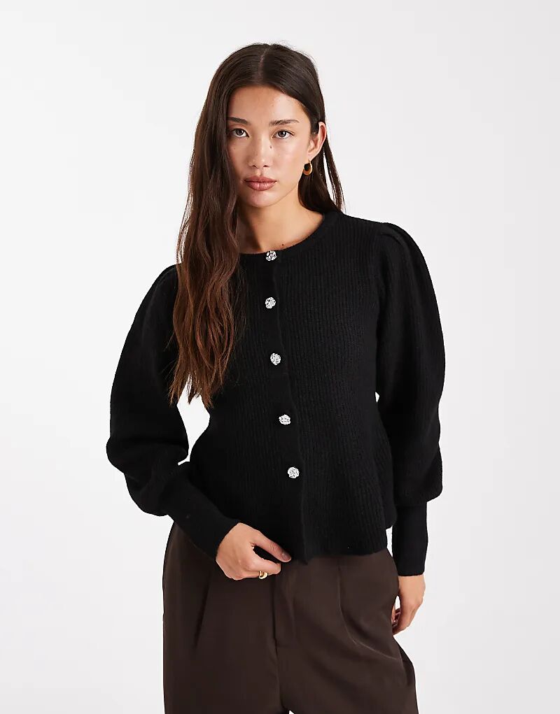 

Кардиган Pieces с присборенной талией, рукавами-фонариками и коваными пуговицами черного цвета