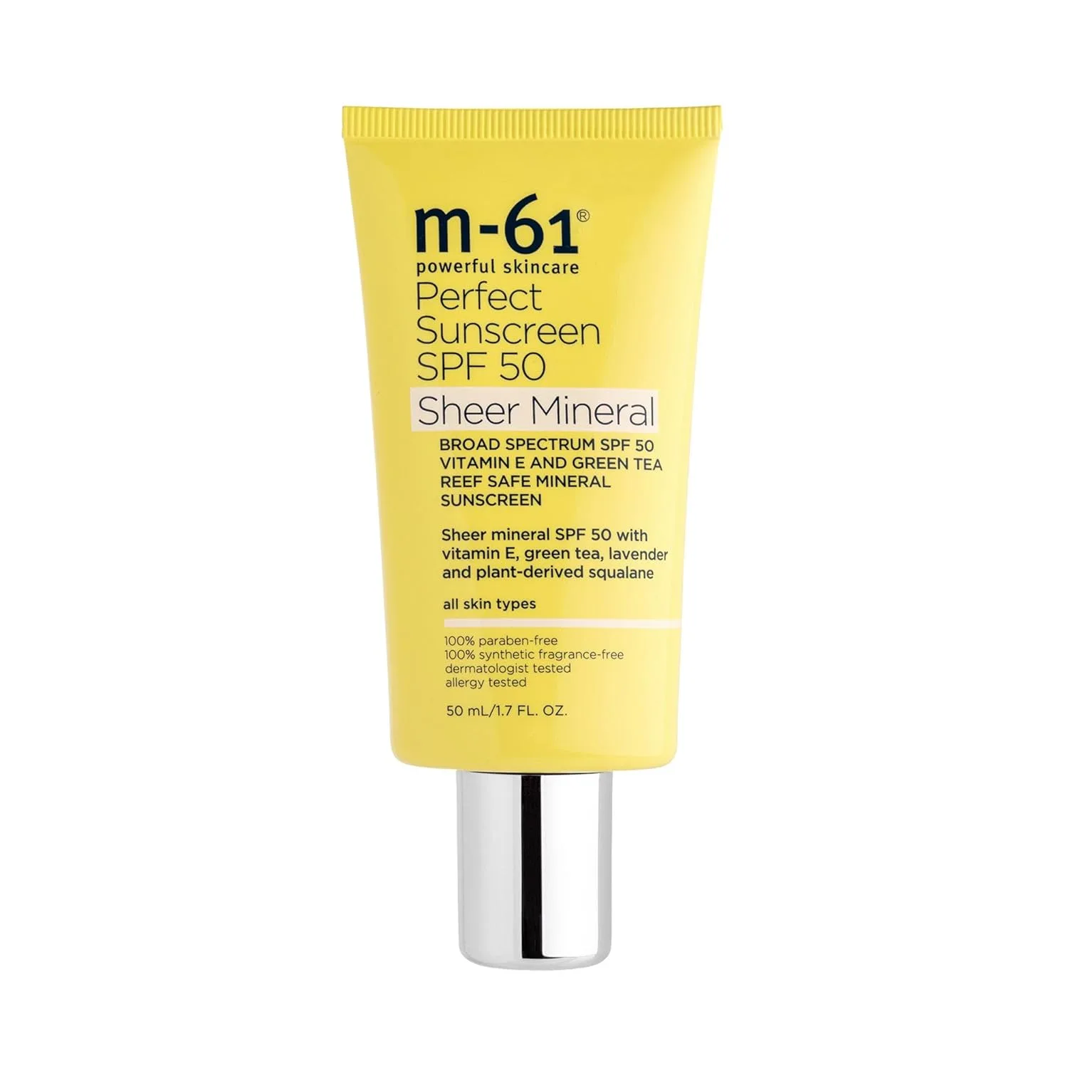 m-61 Perfect Mineral Sunscreen SPF 50 | Безопасный для коралловых рифов минеральный солнцезащитный крем SPF 50 с витамином Е и зеленым чаем, Sheer
