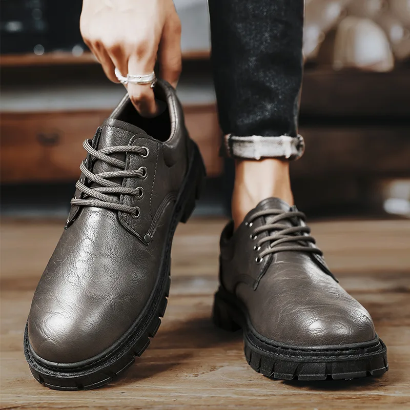 Повседневные кожаные туфли мужские low top SHOUBA, черный — фото 4