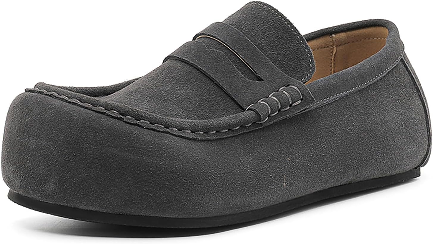 

Мужские замшевые лоферы с широкой передней частью, круглым носком, без застежки, удобные, с противоскользящей подошвой, плоским каблуком, классические туфли Penny, легкие лодочные туфли для повседневной прогулки и вождения Xhognls, темно-серый