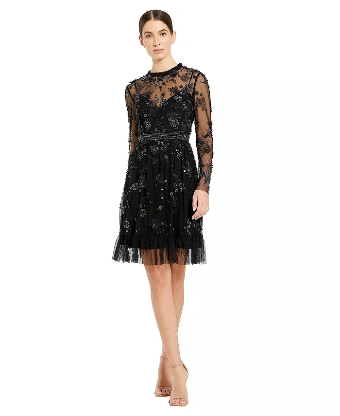 

Женское платье миди с длинными рукавами, прозрачное, с декоративными элементами Mac Duggal, черный