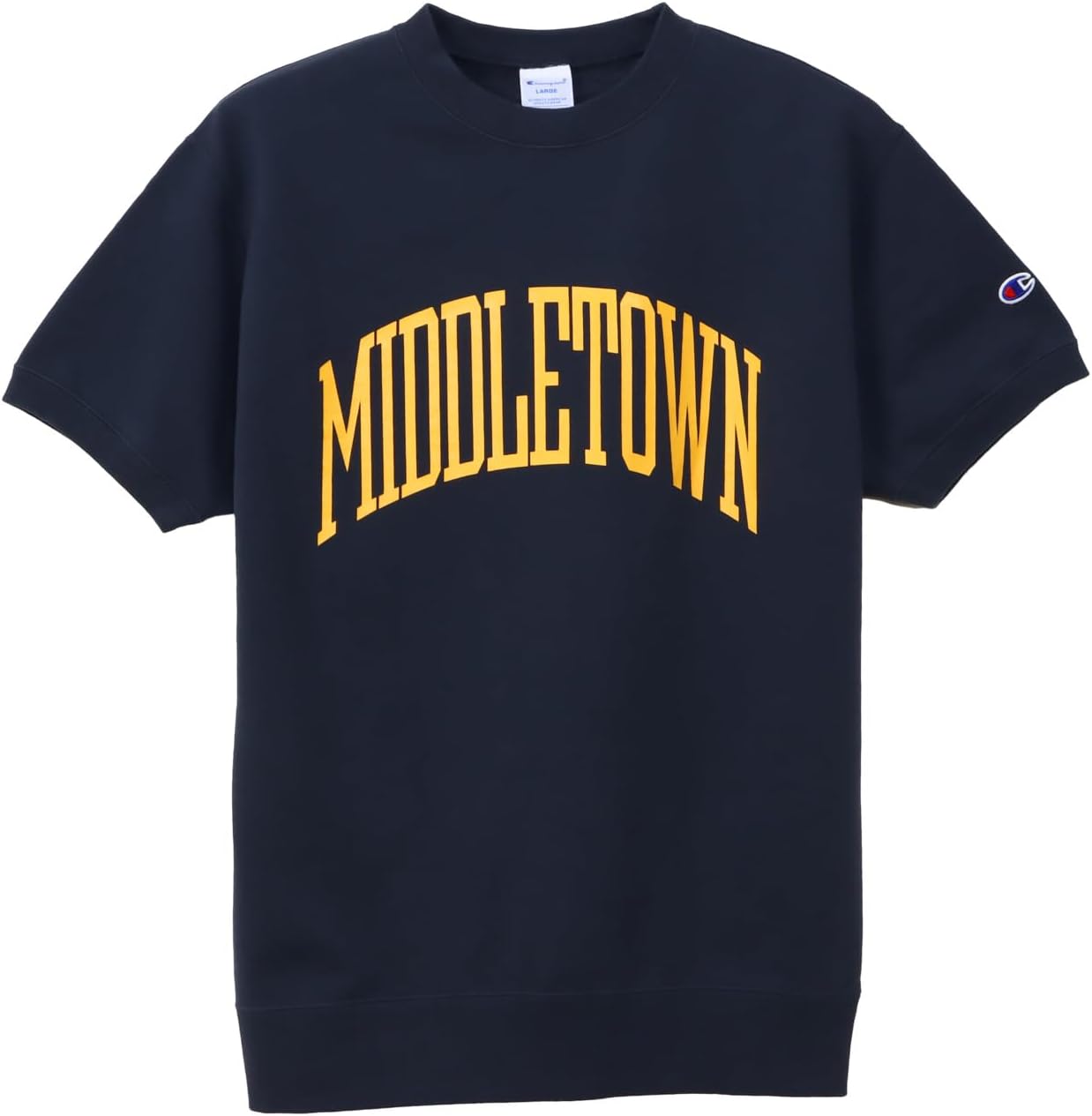 

Мужская толстовка Champion с коротким рукавом, C3-B018, произведено в США, хлопок, обработка ткани, графический принт, круглый вырез, темно-синий