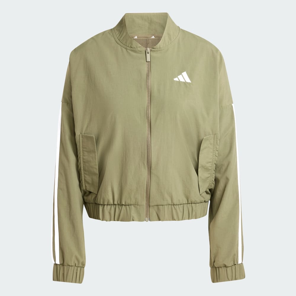 Бомбер Adidas Essentials 3-Stripes Lifestyle Woven Bomber Jacket, цвет Olive Strata/White — фото 4
