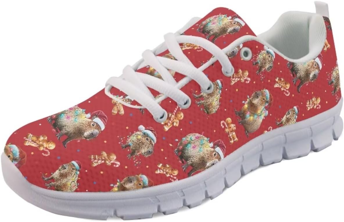 

Кроссовки Forchrinse для женщин и мужчин, с шнуровкой, для бега, дышащие, с сеткой, на шнуровке, для прогулок и тенниса, Christmas Capybara Print