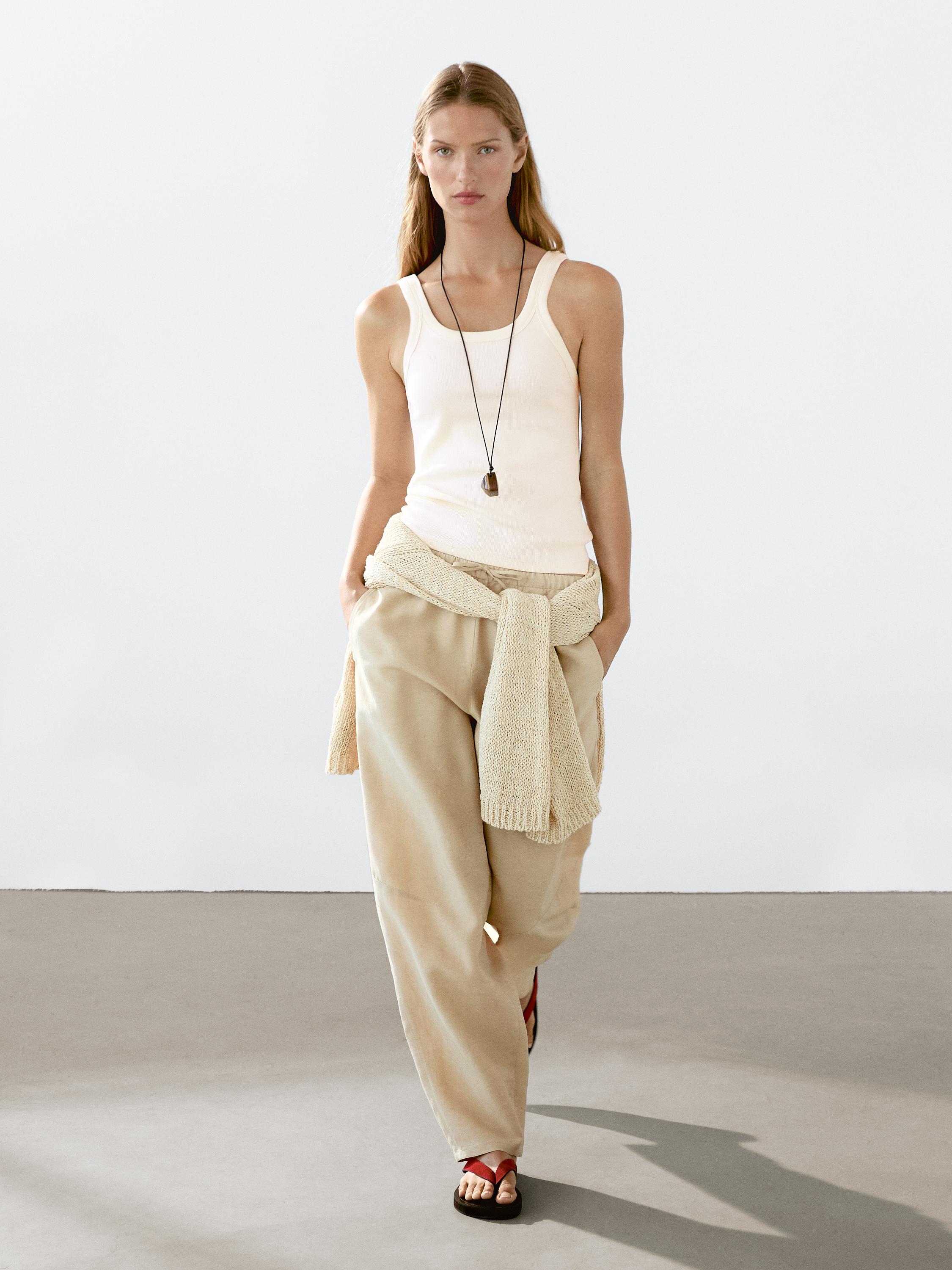 

Топ с круглым вырезом из хлопковой смеси Massimo Dutti, бежевый