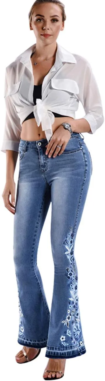 

Женские джинсы с вышивкой, широкие клеш ZENTHACE